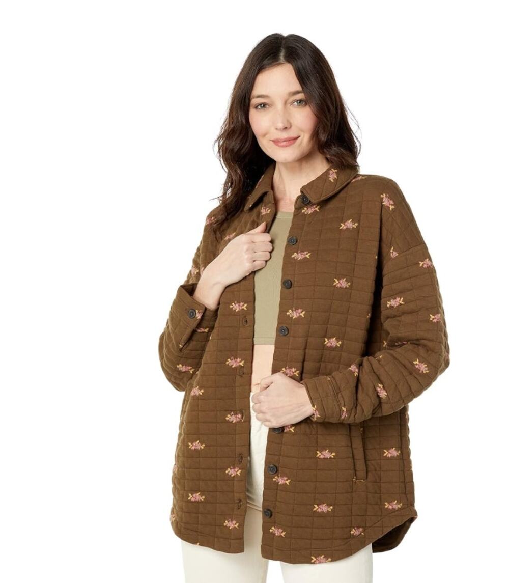 Madewell Womens M Brown Pink Floral Embroidered Fanta Cotton Quilted Shacket